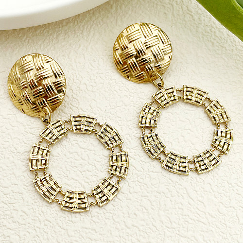1 Pair Classic Style Round Grid Stainless Steel  Metal Plating Hollow Out Gold Plated Drop Earrings