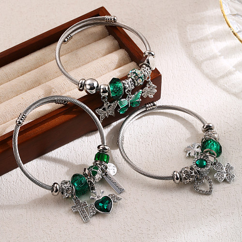 Elegant Cute Four Leaf Clover Heart Shape Butterfly Stainless Steel Alloy Beaded Inlay Rhinestones Bangle