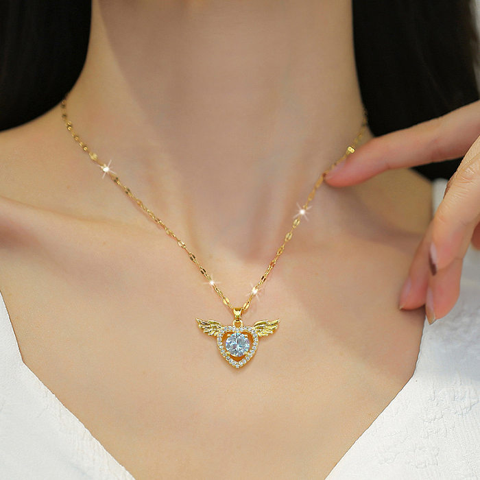 Schlichter Stil, Herzform, Edelstahl-Inlay, künstliche Edelsteine, vergoldete Anhänger-Halskette