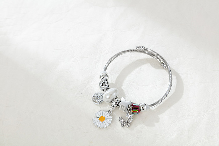 Elegante árvore flor borboleta aço inoxidável esmalte chapeamento incrustação zircão pulseira banhada a prata