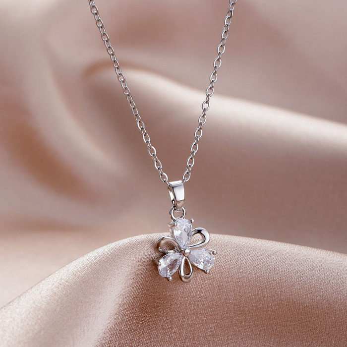 Elegant Flower Dragonfly Fish Tail Stainless Steel  Stainless Steel Plating Inlay Zircon White Gold Plated Pendant Necklace