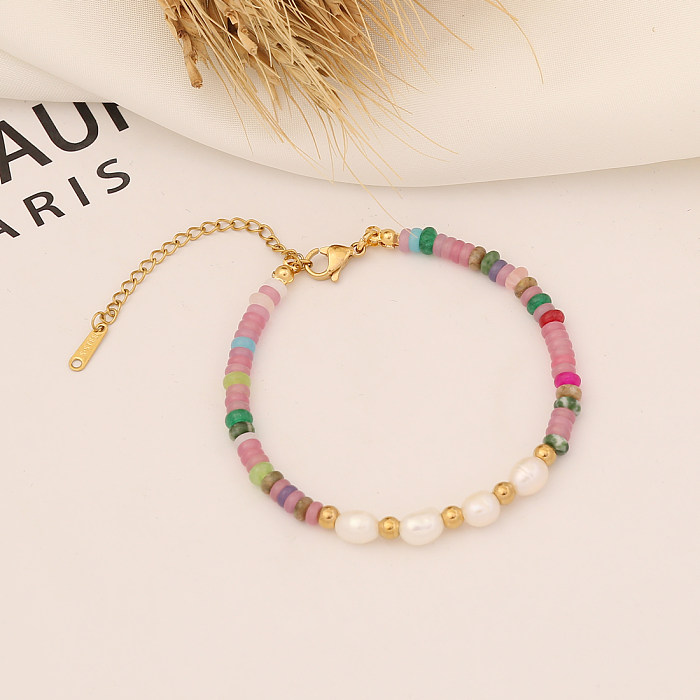 Bohemian Color Block Stainless Steel Natural Stone Beaded Handmade Bracelets 1 Piece