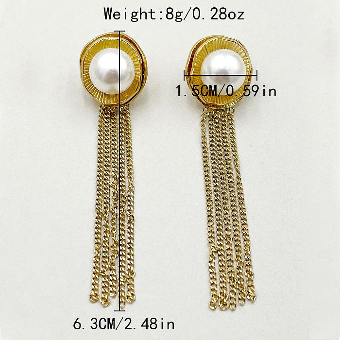 1 par de pendientes colgantes chapados en oro con perlas artificiales de acero inoxidable con incrustaciones de borlas de estilo Simple