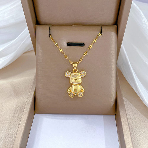 Einfache Halskette mit Anhänger „Kleiner Bär“ aus Edelstahl mit Kupfereinlage und Strasssteinen