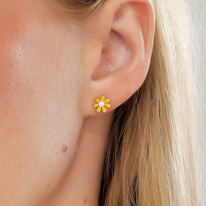 Parafusos de orelha de aço inoxidável com flor de estilo simples chapeando brincos de aço inoxidável