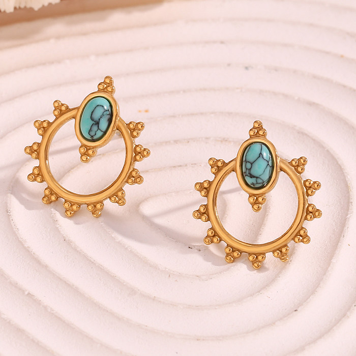 1 Pair Casual Simple Style Round Oval Plating Inlay Stainless Steel  Turquoise 18K Gold Plated Drop Earrings