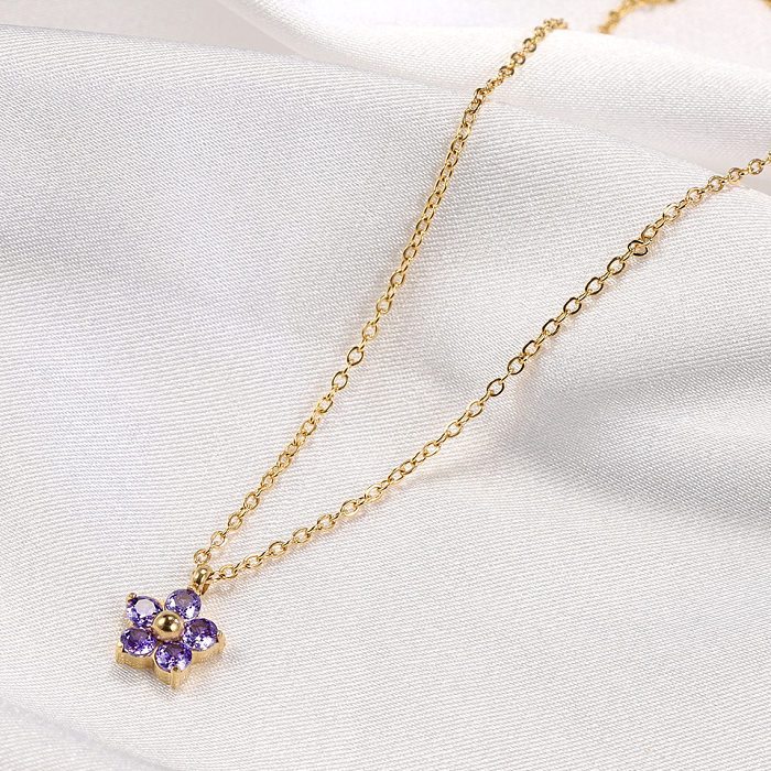 Glam Lady Flower Stainless Steel Plating Inlay Zircon Pendant Necklace