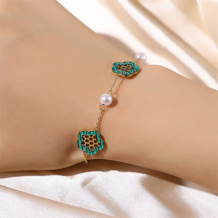 Princess Cute Pastoral Flower Stainless Steel Artificial Pearl 18K Gold Plated Bracelets In Bulk