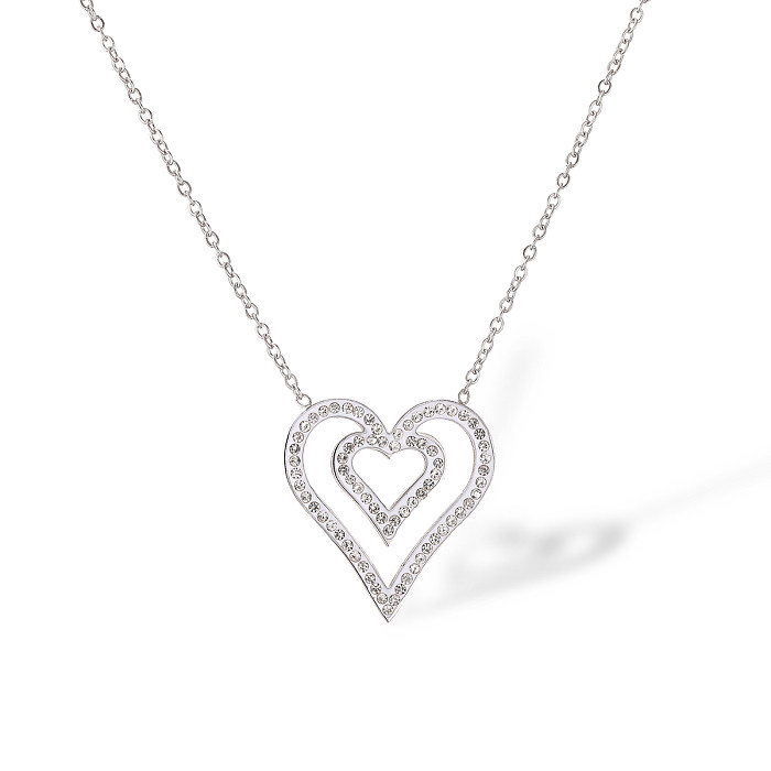 Simple Style Heart Shape Stainless Steel Plating Inlay Zircon 18K Gold Plated Pendant Necklace