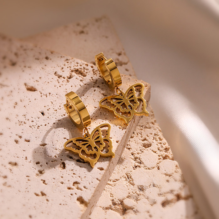 1 par estilo simples comute borboleta chapeamento oco de aço inoxidável 18K brincos banhados a ouro