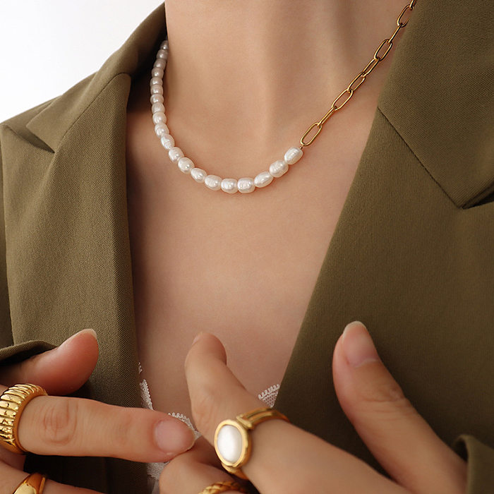 Collier en acier inoxydable à coutures de perles à la mode