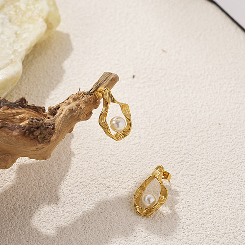 1 par de pendientes chapados en oro de perlas artificiales de acero inoxidable con incrustaciones de Color sólido de estilo clásico