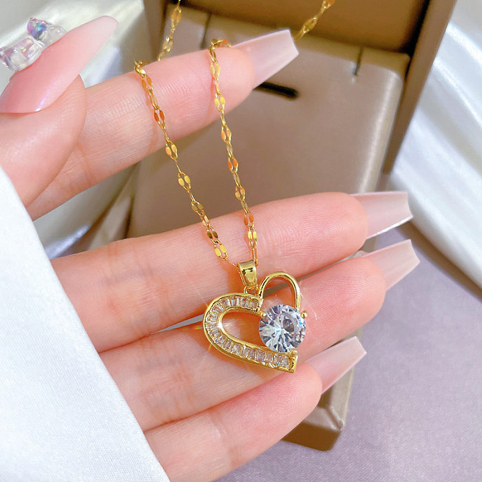 Fashion Heart Shape Stainless Steel Copper Plating Inlay Zircon Pendant Necklace
