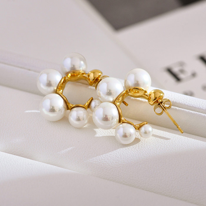 1 Pair Elegant Luxurious Round Inlay Stainless Steel  Artificial Pearls Ear Studs