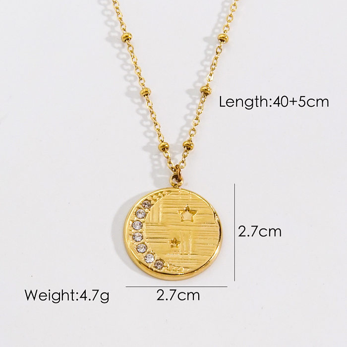 Simple Style Artistic Round Stainless Steel Plating Inlay Rhinestones 14K Gold Plated Pendant Necklace