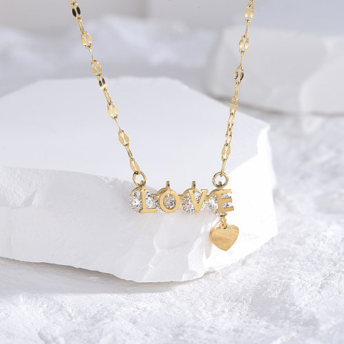 Casual Classic Style Letter Heart Shape Stainless Steel Plating Inlay Zircon 18K Gold Plated Pendant Necklace