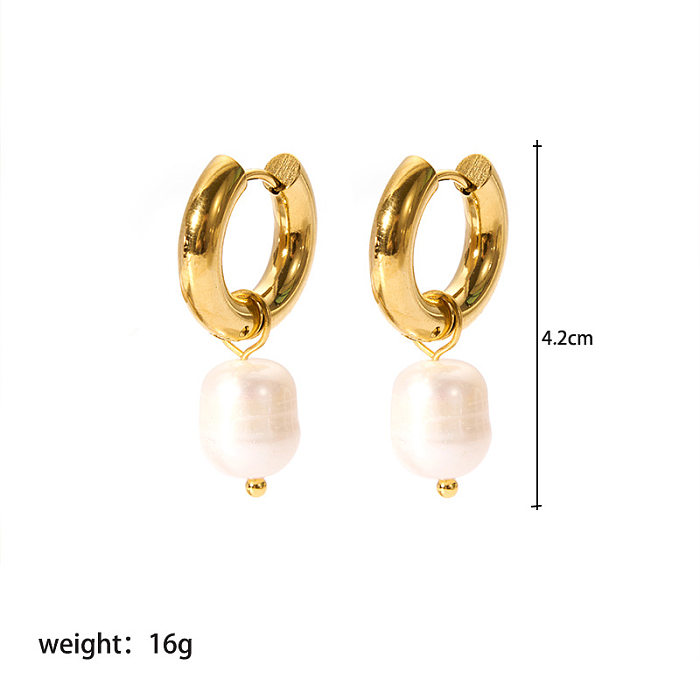 1 paire de boucles d'oreilles plaquées or pour femmes, placage géométrique, en acier inoxydable, perles d'eau douce