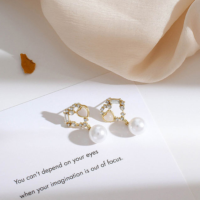 1 Pair Sweet Simple Style Commute Heart Shape Inlay Stainless Steel  Imitation Pearl Zircon Drop Earrings