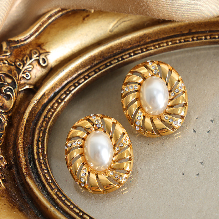 1 Pair Elegant Luxurious Baroque Style Oval Plating Inlay Stainless Steel Artificial Pearls Rhinestones 18K Gold Plated Ear Studs