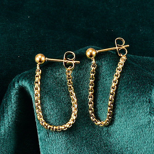 Pendientes de tuerca de oro rosa de acero inoxidable con cadena de borla simple para colgar en la parte trasera