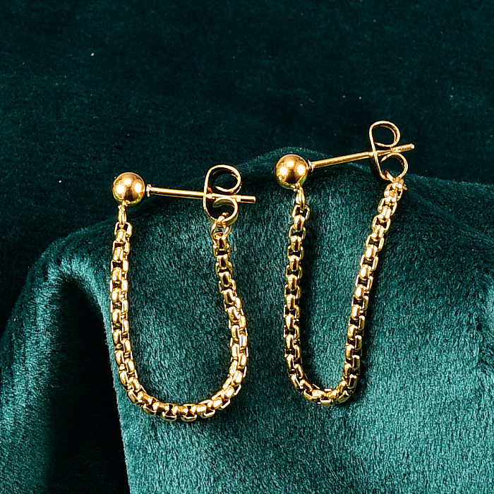 Pendientes de tuerca de oro rosa de acero inoxidable con cadena de borla simple para colgar en la parte trasera