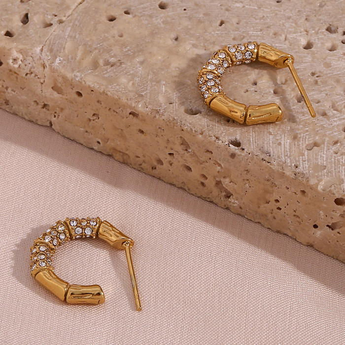 Strass embutidos em aço inoxidável em forma de C, estilo moderno, pérola, banhado a ouro 18K, brincos femininos