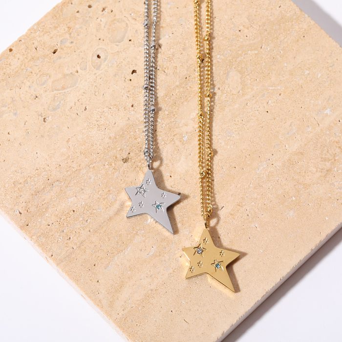 Lässige, schlichte Halskette mit Pentagramm-Anhänger aus Edelstahl mit Inlay-Zirkon-Vergoldung