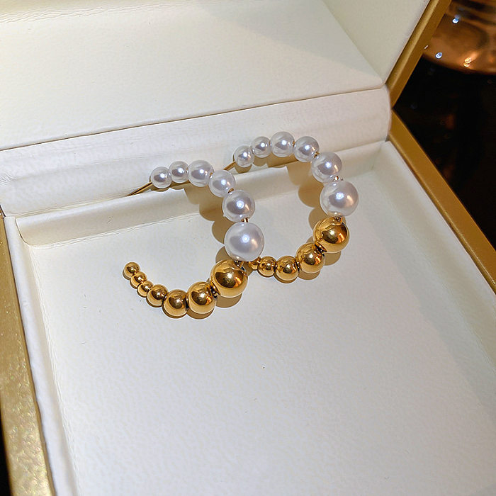 Ohrstecker im Retro-Stil, C-Form, Edelstahl-Inlay, künstliche Perlen, 1 Paar