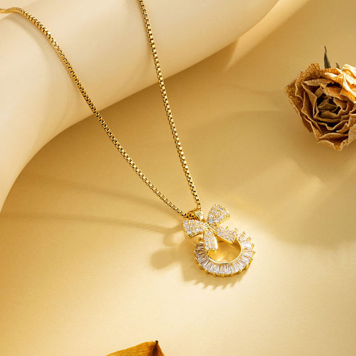 Modern Style Shiny Heart Shape Flower Bow Knot Stainless Steel  Stainless Steel Plating Inlay Zircon 18K Gold Plated Gold Plated Pendant Necklace