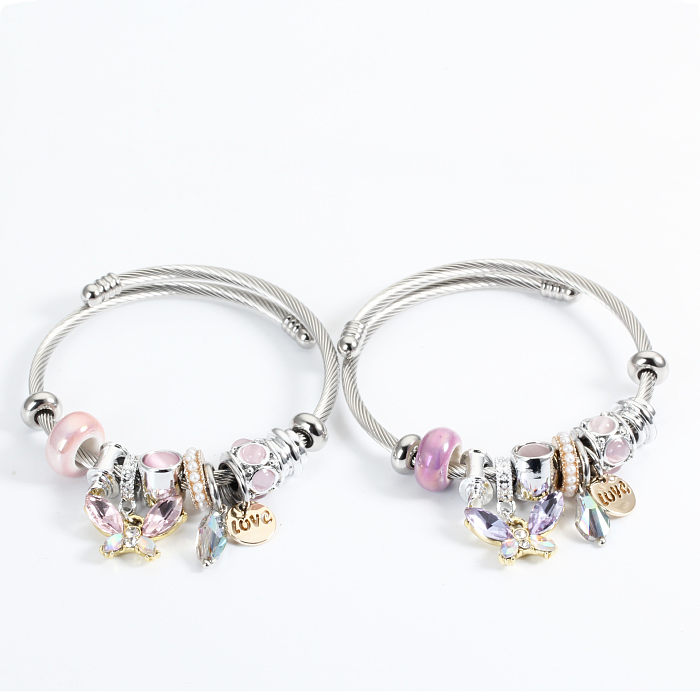 Bracelet de perles artificielles en cristal artificiel, placage en acier titane papillon doux amour