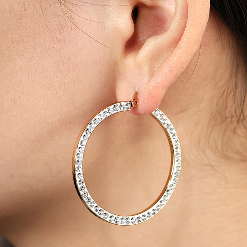 1 Pair Elegant Geometric Stainless Steel  Inlay Rhinestones Hoop Earrings