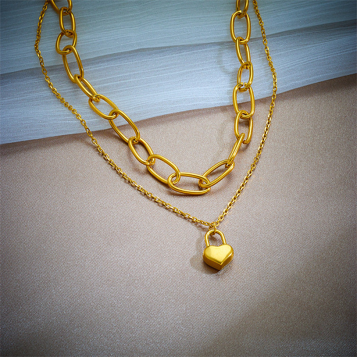 Retro Korean Style Heart Shape Stainless Steel Layered Plating 18K Gold Plated Double Layer Necklaces