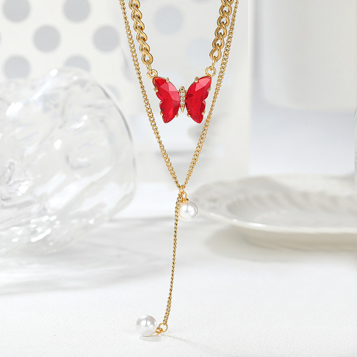 Romantische süße Schmetterlings-Edelstahl-Beschichtung, künstliche Perlen, Muschel, Zirkon, 18 Karat vergoldet, mehrschichtige Halsketten