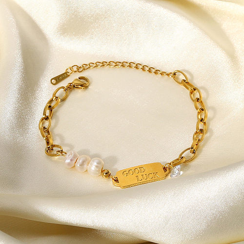 Simple Chain Pearl Stitching Stainless Steel GOOD LUCK Pearl Bracelet