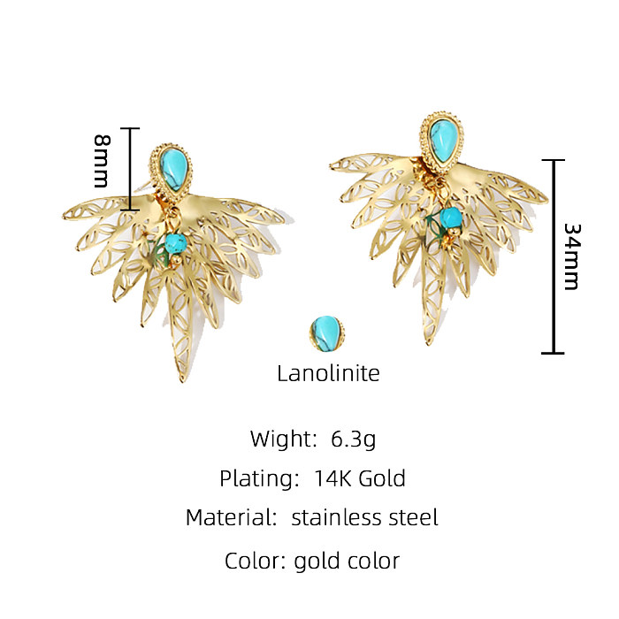 1 Pair Casual Ethnic Style Leaves Water Droplets Plating Hollow Out Inlay Stainless Steel  Natural Stone 14K Gold Plated Ear Studs