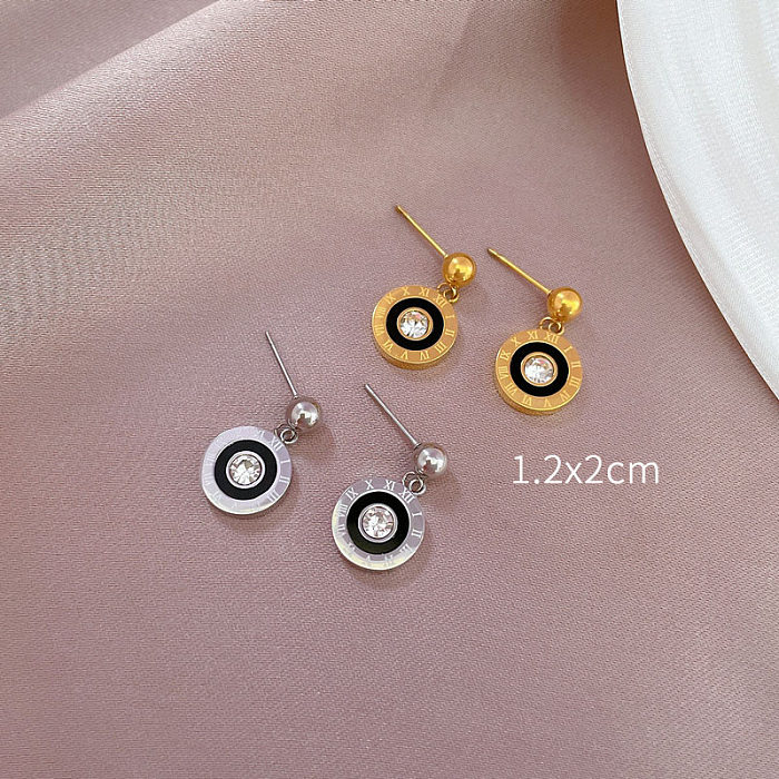 1 Pair Retro Classic Style Streetwear Round Plating Inlay Stainless Steel Zircon Drop Earrings