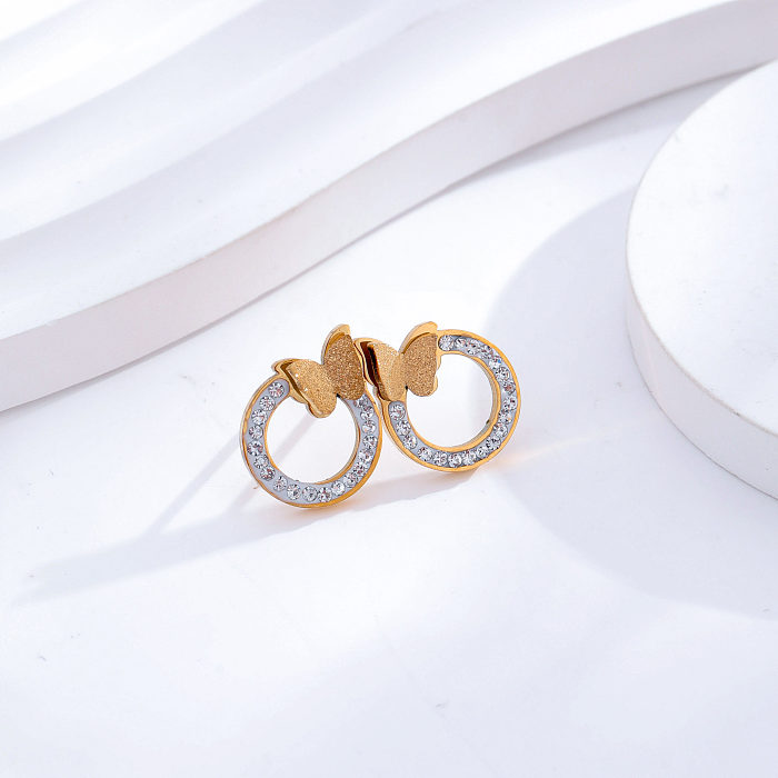 1 Pair Lady Classic Style Round Butterfly Stainless Steel Plating Inlay Zircon 24K Gold Plated Earrings