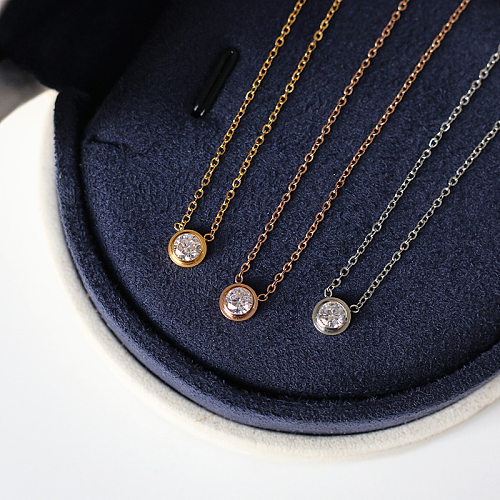 Simple Style Round Stainless Steel Inlay Rhinestones Pendant Necklace