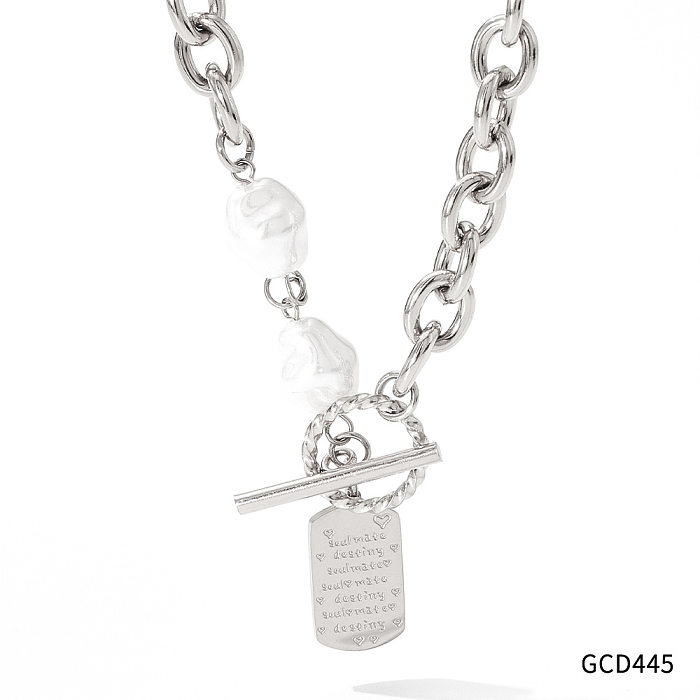 Modische Halskette mit geometrischem Edelstahlüberzug und künstlichen Perlen, 1 Stück