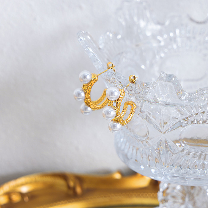 Pendientes chapados en oro de 1 quilates con incrustaciones redondas en forma de U, estilo barroco Retro, perlas artificiales de acero inoxidable, 18 par
