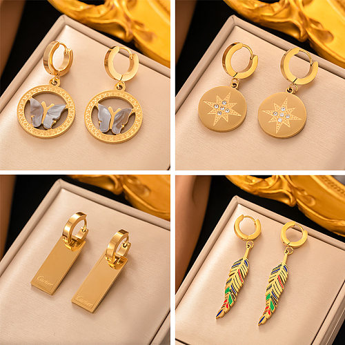 Boucles d'oreilles pendantes de Style romain, 1 paire, étoile, feuilles, papillon, incrustation de placage en émail, acier inoxydable, Zircon plaqué or 18 carats