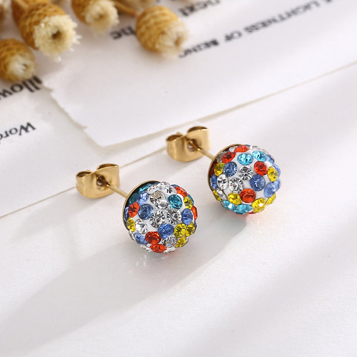 1 Pair Casual Shiny Ball Stainless Steel  Plating Inlay Rhinestones Ear Studs