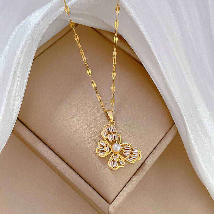 IG Style Koreanischer Stil Schmetterling Edelstahl Verkupferung Inlay Künstliche Perlen Zirkon Anhänger Halskette