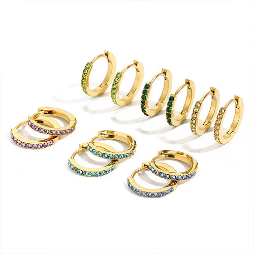 1 Paar einfache, runde, plattierte Inlay-Ohrringe aus Edelstahl mit 14 Karat vergoldeten Strasssteinen