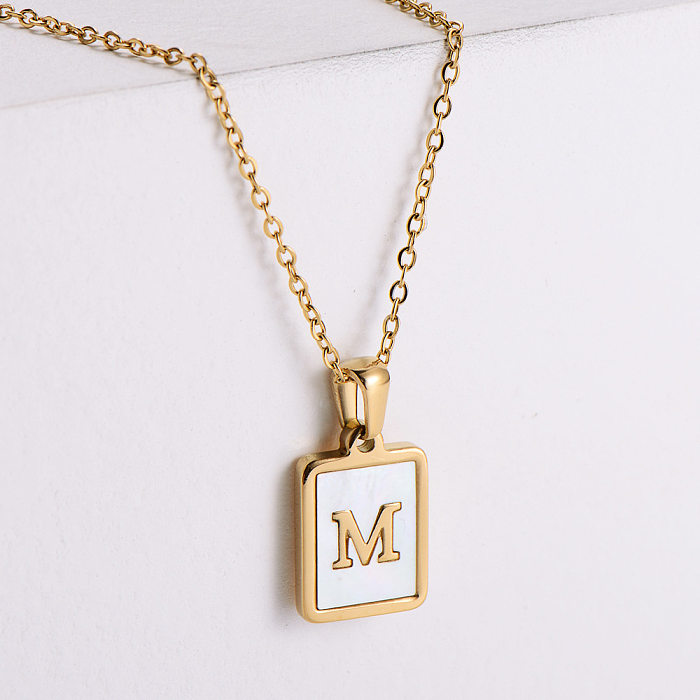 Collier de lettres de coquille blanche de marque carrée en acier inoxydable en or 18 carats