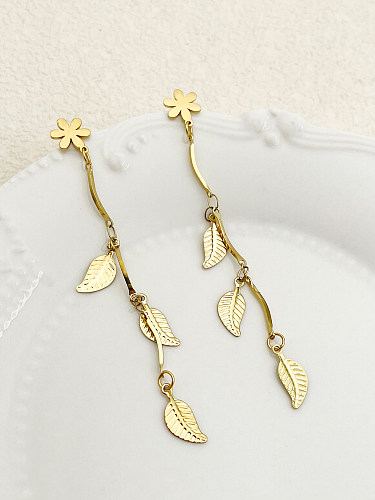 1 Pair Sweet Leaf Flower Plating Stainless Steel  Gold Plated Drop Earrings