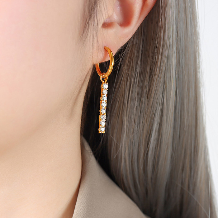 1 Pair Shiny Round Stainless Steel Plating Inlay Zircon 18K Gold Plated Drop Earrings