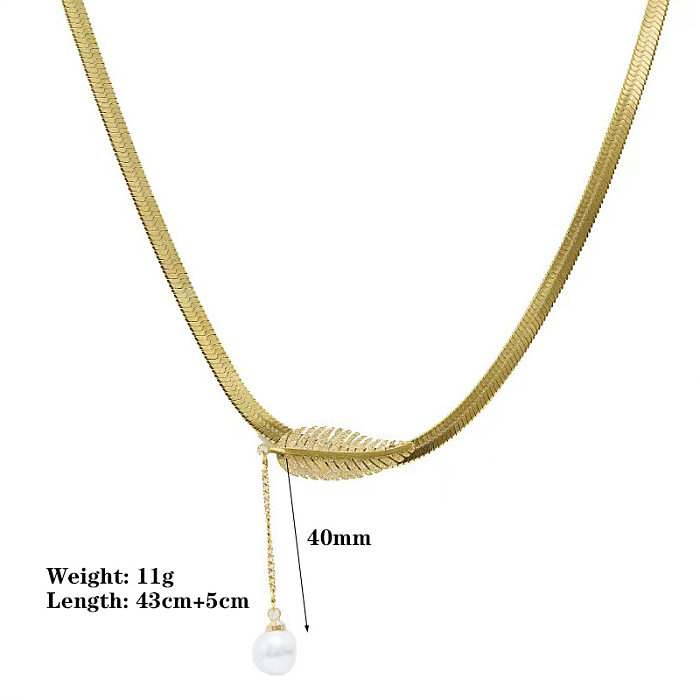Collier élégant avec pendentif en perles artificielles, Streetwear élégant, feuille en acier inoxydable, incrustation de perles
