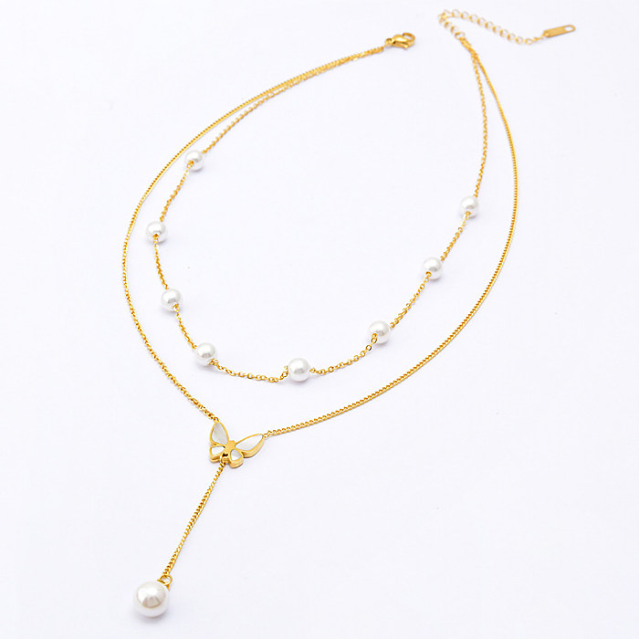 Elegant Sexy Butterfly Stainless Steel Plating Inlay Artificial Pearls Shell 18K Gold Plated Layered Necklaces