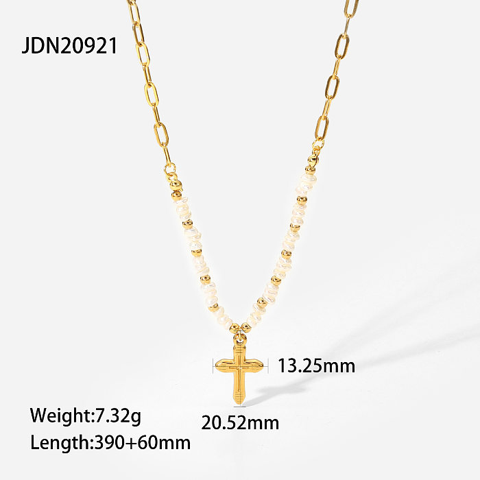 Halskette mit Kreuzanhänger aus 18-karätigem Gold mit natürlichen Süßwasserperlen und Nähten aus Edelstahl